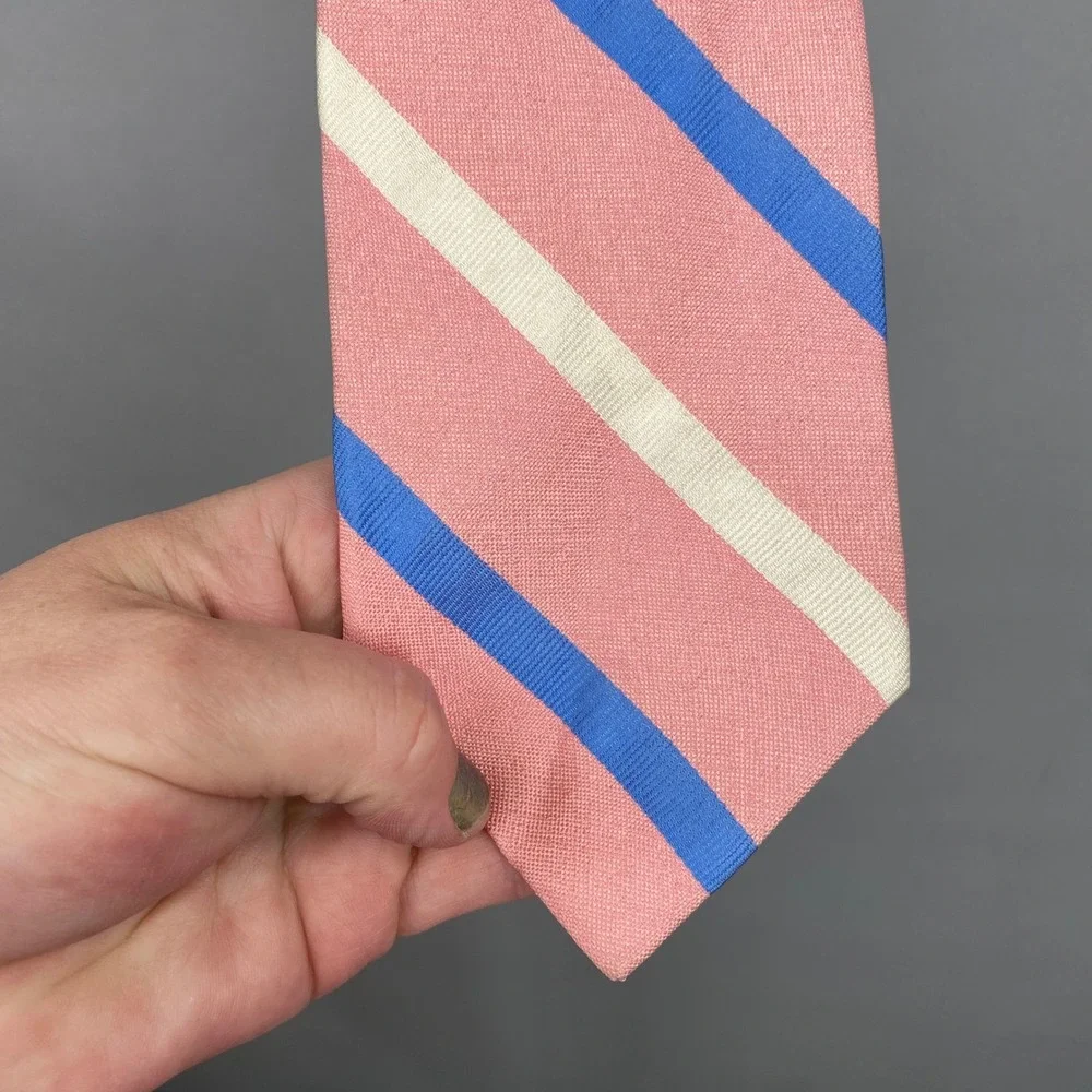 Brooks Brothers Makers Necktie Tie Pink Blue Cream Silk Rep Stripe USA Preppy